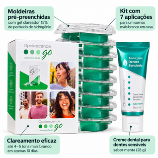 Opalescence Go Clareador Dental 15% Peróxido de Hidrogênio – Kit com 7 Aplicações, Moldeiras Pré-Preenchidas + Creme Dental para Dentes Sensíveis 28 g – Menta