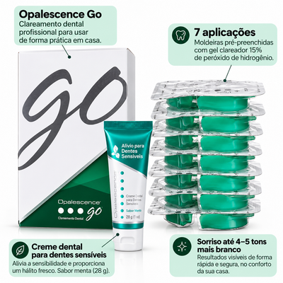 Opalescence Go Clareador Dental 15% Peróxido de Hidrogênio – Kit com 7 Aplicações, Moldeiras Pré-Preenchidas + Creme Dental para Dentes Sensíveis 28 g – Menta