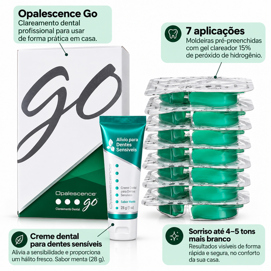 Opalescence Go Clareador Dental 15% Peróxido de Hidrogênio – Kit com 7 Aplicações, Moldeiras Pré-Preenchidas + Creme Dental para Dentes Sensíveis 28 g – Menta