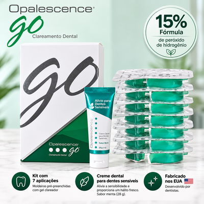 Opalescence Go Clareador Dental 15% Peróxido de Hidrogênio – Kit com 7 Aplicações, Moldeiras Pré-Preenchidas + Creme Dental para Dentes Sensíveis 28 g – Menta